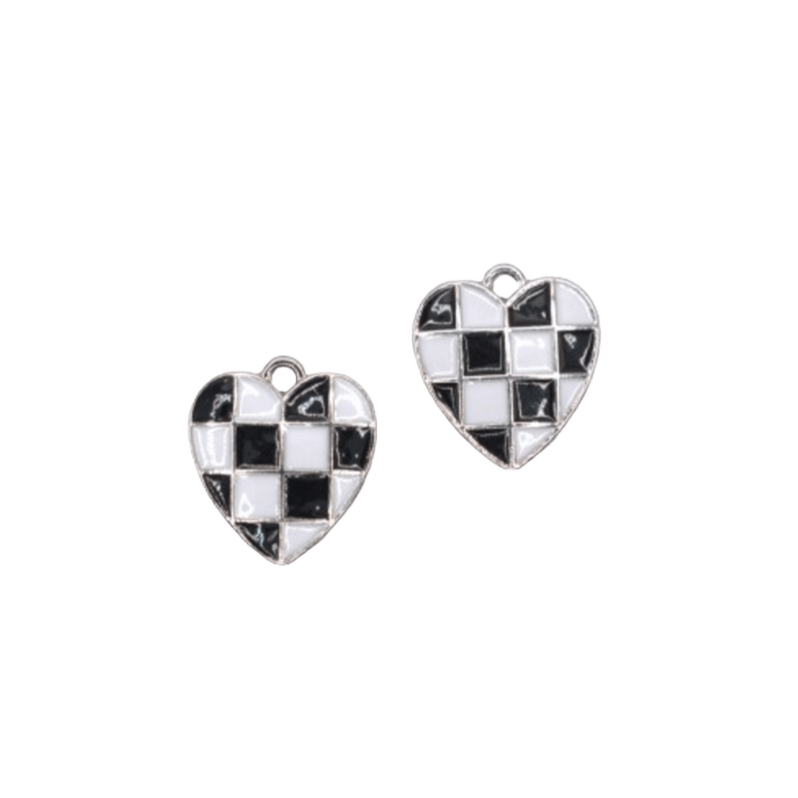 BLACK AND WHITE CHECKERED HEART CHARM (SILVER)