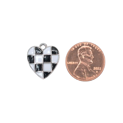 BLACK AND WHITE CHECKERED HEART CHARM (SILVER)