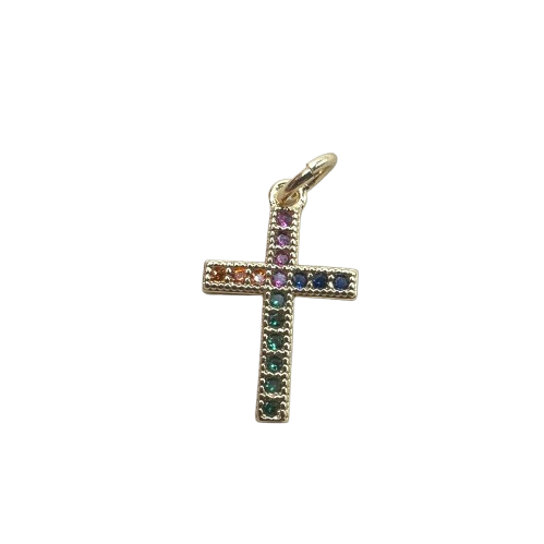 SMALL RAINBOW CROSS CHARM (GOLD)