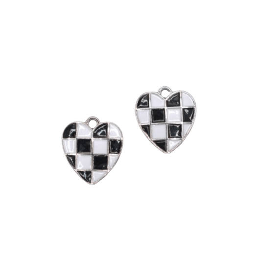 BLACK AND WHITE CHECKERED HEART CHARM (SILVER)