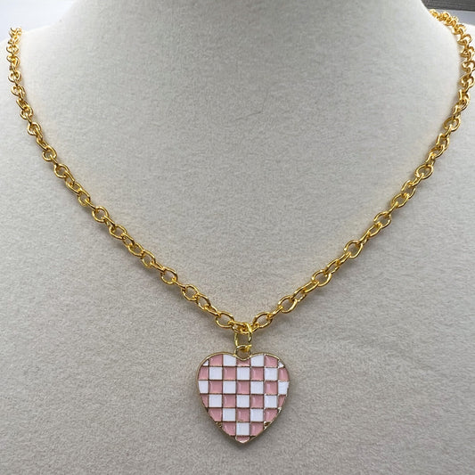 PINK CHECKERED HEART NECKLACE