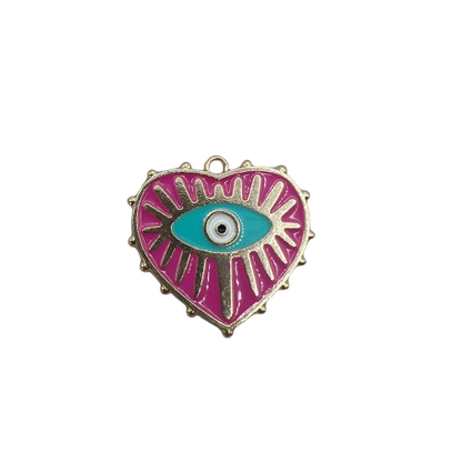 LARGE PINK AND BLUE EVIL EYE HEART CHARM (GOLD)