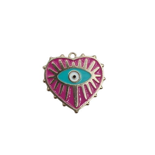 LARGE PINK AND BLUE EVIL EYE HEART CHARM (GOLD)