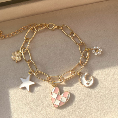 PINK CHECKERED HEART BRACELET (GOLD)