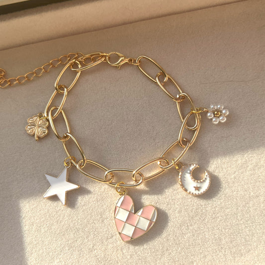 PINK CHECKERED HEART BRACELET (GOLD)